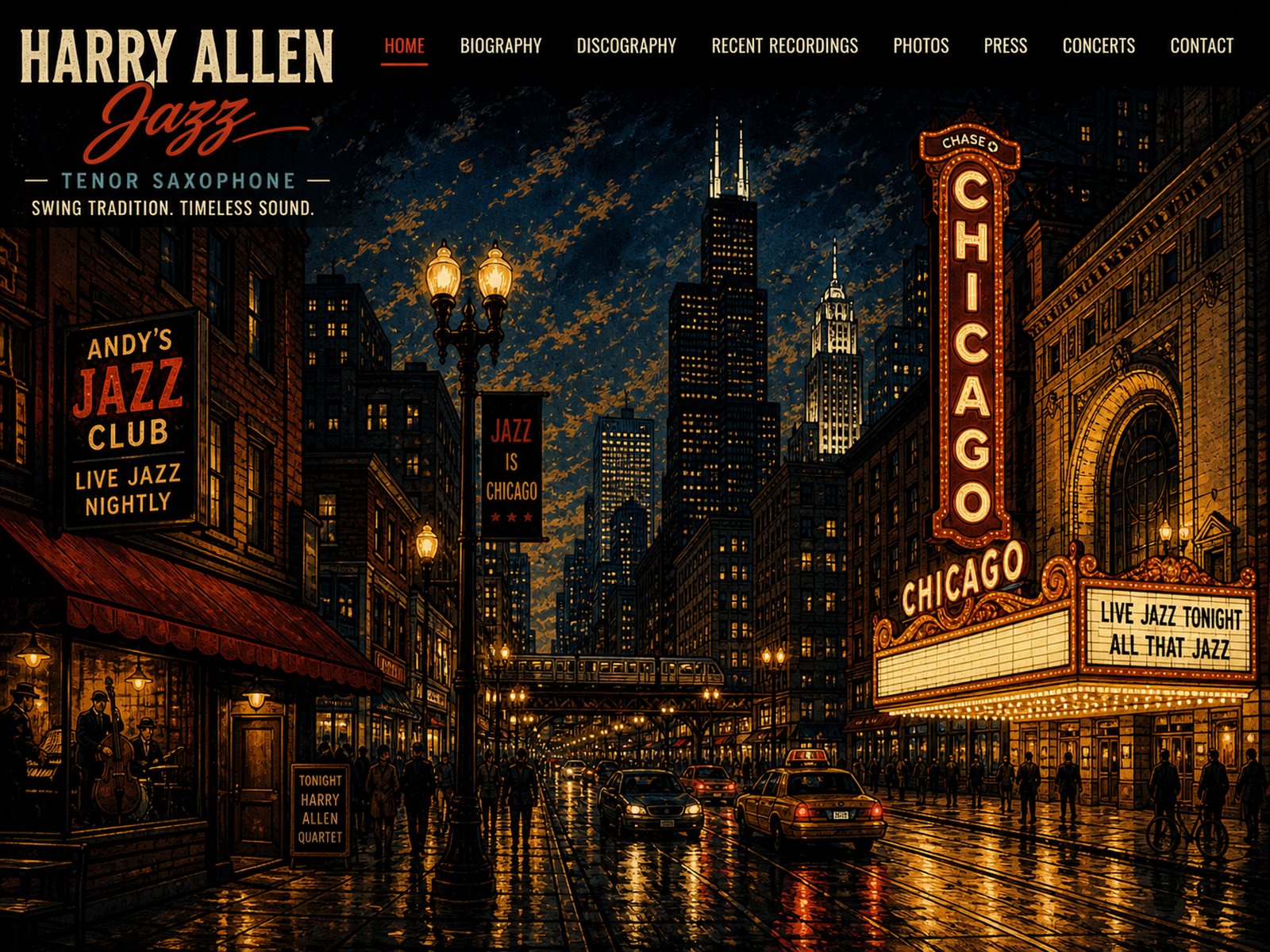 Vintage illustrated Chicago jazz scene