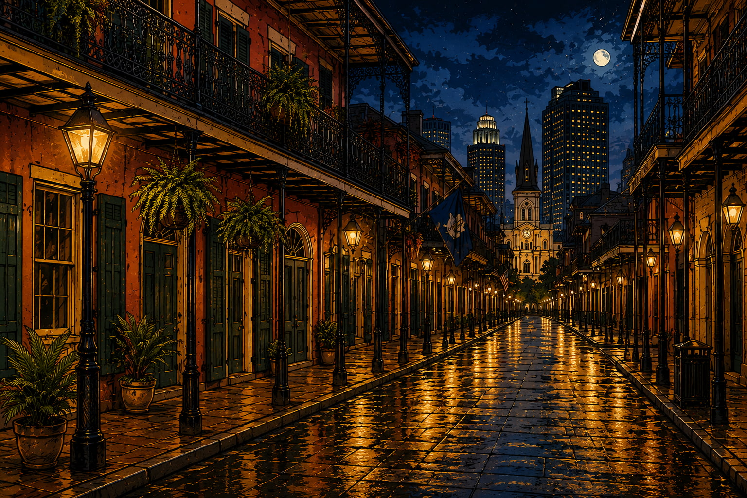 Vintage illustrated New Orleans jazz scene